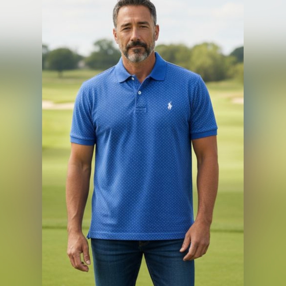 Polo Golf Ralph Lauren -NWOT Blue Polo Golf Shirt W/White Designs, Relaxed Style